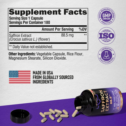 Natural Saffron Supplements 88.5 mg | Mood, Focus, Vision Support | Made in USA