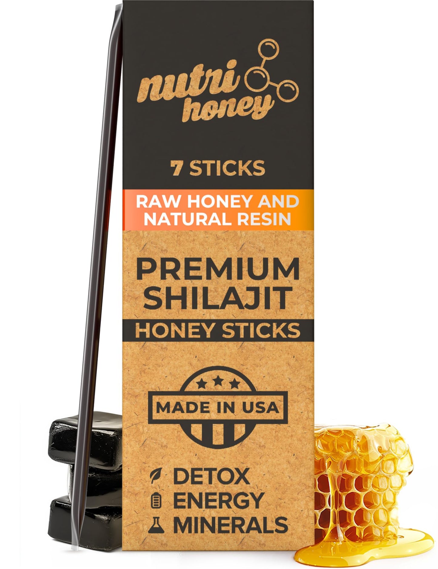 NATURAL SHILAJIT Honey Sticks - Shilajit Resin + Raw Honey, Fulvic & Trace Minerals | Energy & Immune Support (7 Sticks)