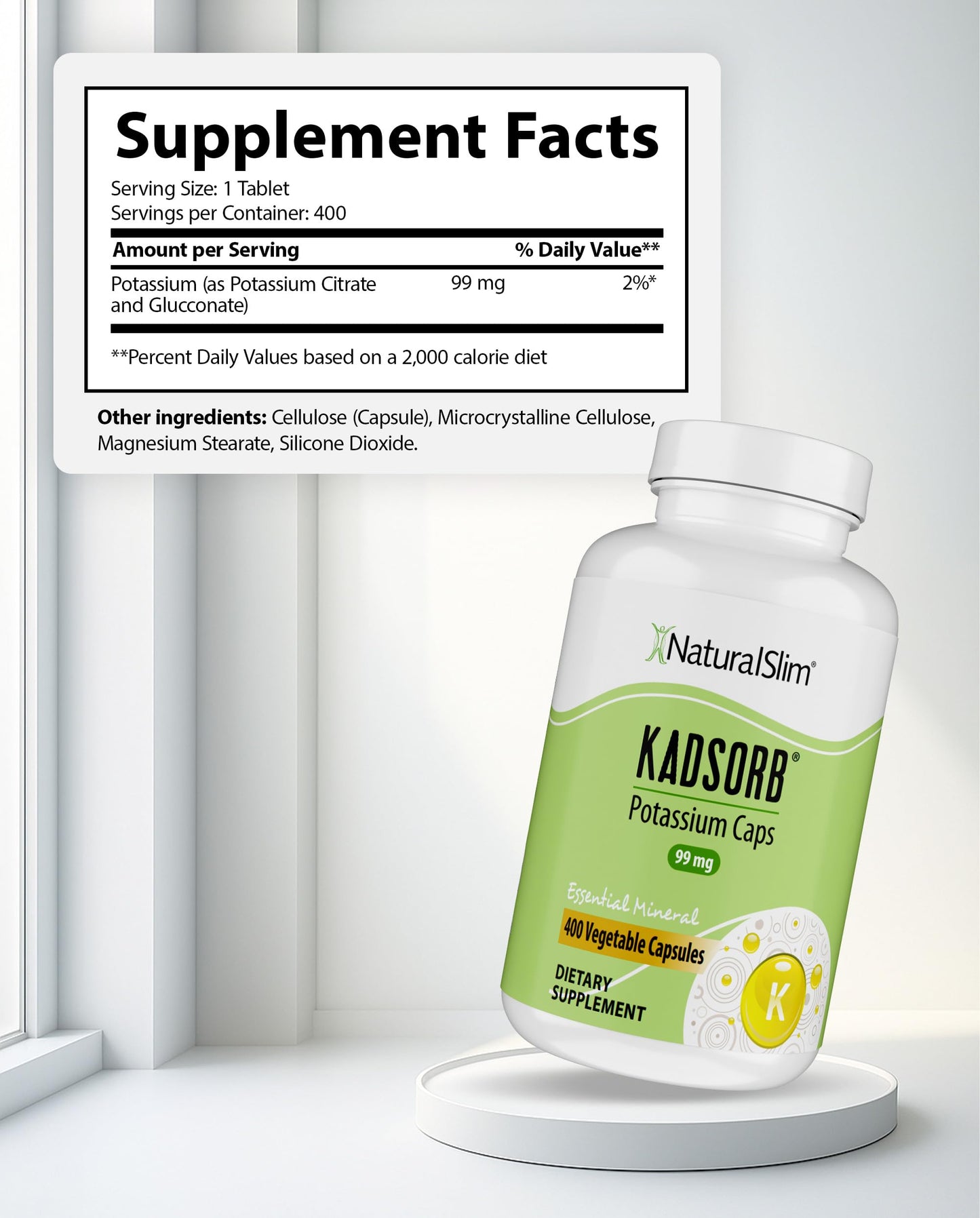 NaturalSlim Kadsorb Potassium Citrate Gluconate 99 mg – Electrolyte Balance & Heart Support, 400 Capsules