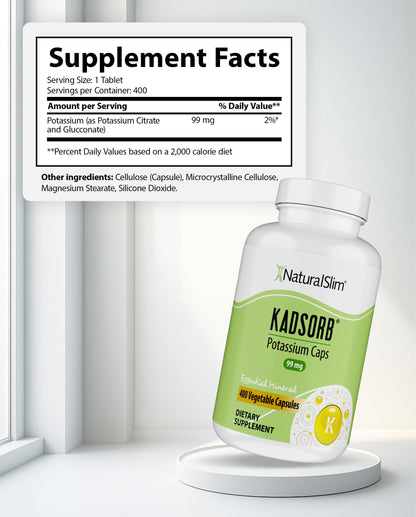 NaturalSlim Kadsorb Potassium Citrate Gluconate 99 mg – Electrolyte Balance & Heart Support, 400 Capsules