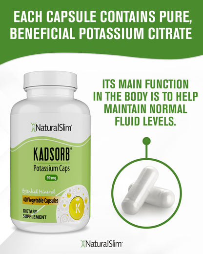 NaturalSlim Kadsorb Potassium Citrate Gluconate 99 mg – Electrolyte Balance & Heart Support, 400 Capsules