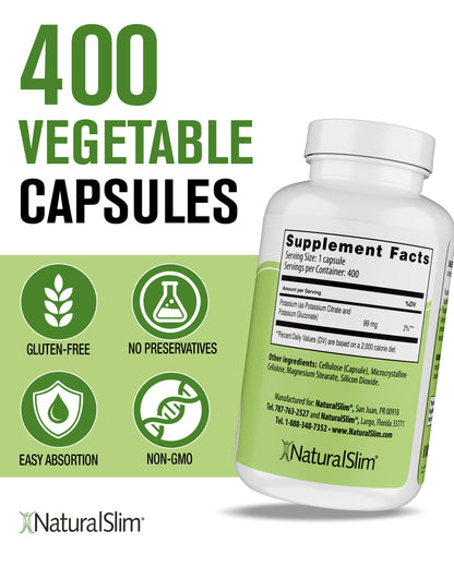 NaturalSlim Kadsorb Potassium Citrate Gluconate 99 mg – Electrolyte Balance & Heart Support, 400 Capsules