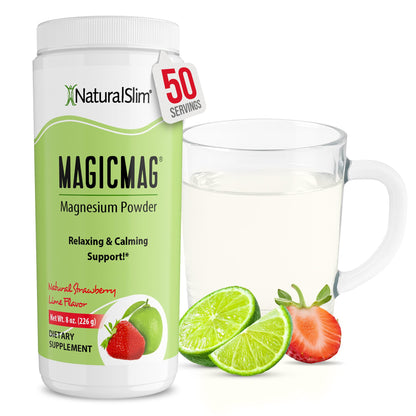 NaturalSlim Magicmag Pure Magnesium Citrate Powder – Stress, Constipation, Muscle, Heart Health, and Sleep Support | Natural Strawberry & Lime Flavored Magnesium Supplement - 8oz Drink Mix (Solo)