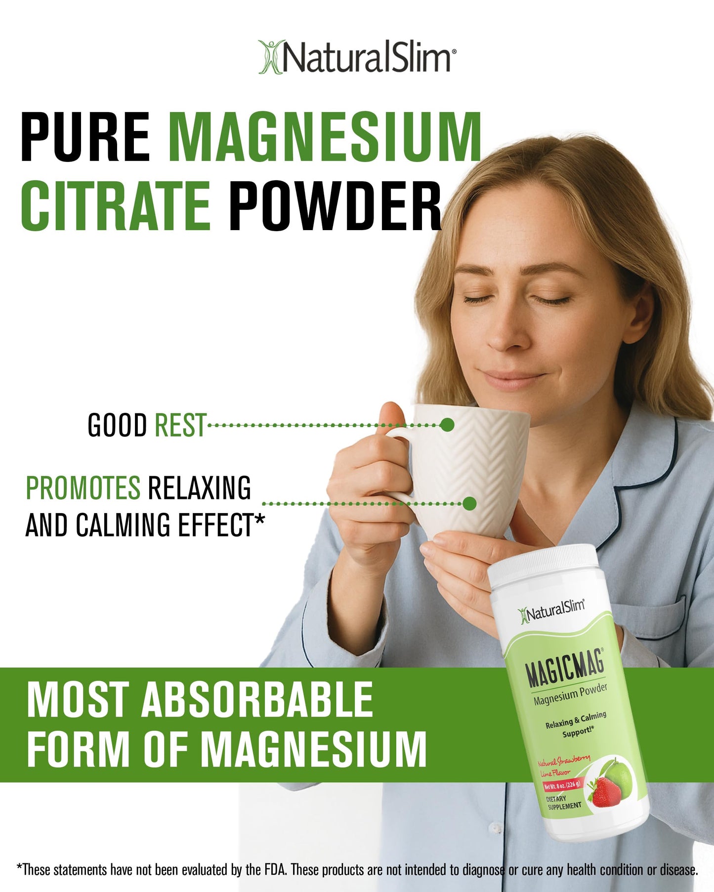 NaturalSlim Magicmag Pure Magnesium Citrate Powder – Stress, Constipation, Muscle, Heart Health, and Sleep Support | Natural Strawberry & Lime Flavored Magnesium Supplement - 8oz Drink Mix (Solo)
