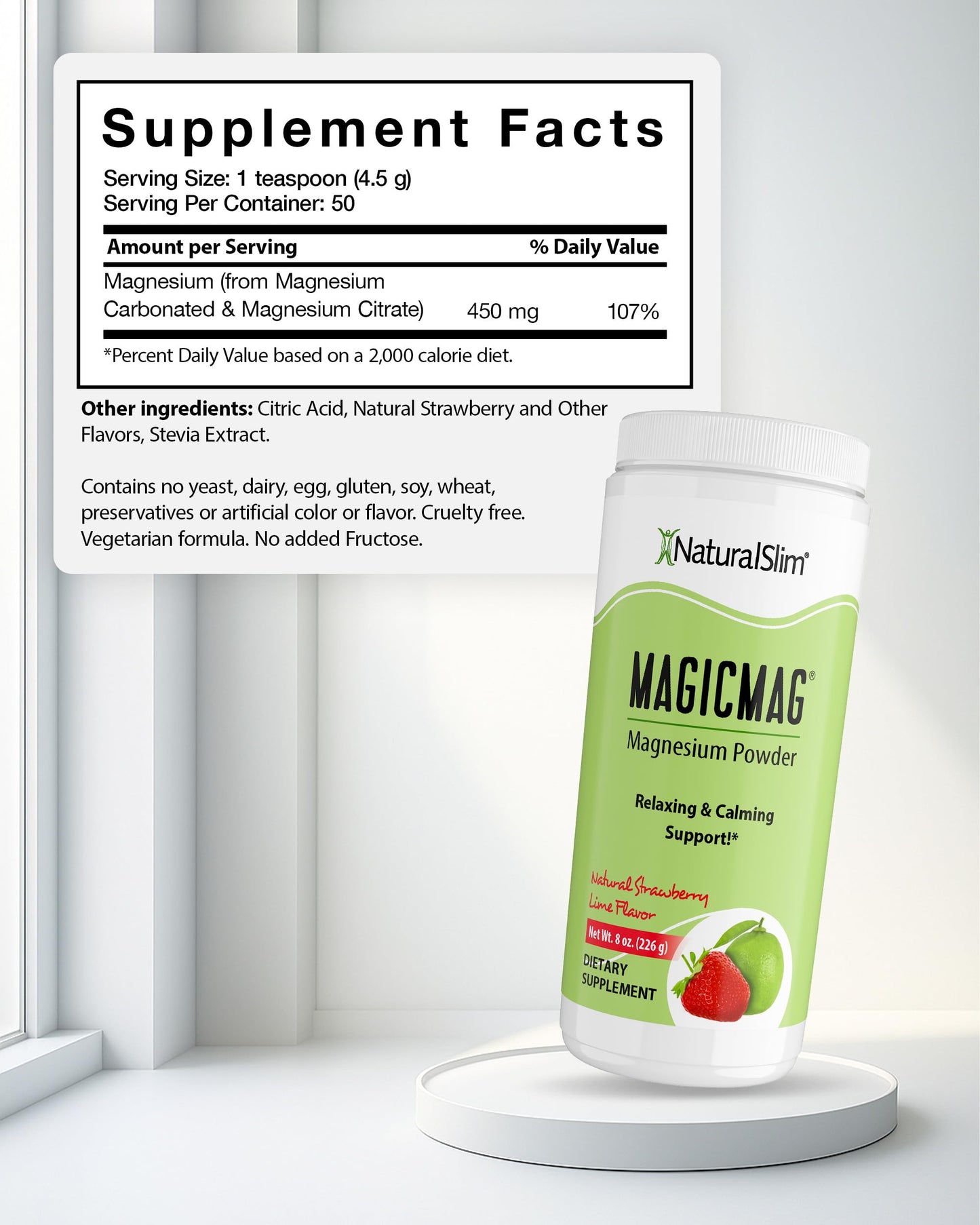 NaturalSlim Magicmag Pure Magnesium Citrate Powder – Stress, Constipation, Muscle, Heart Health, and Sleep Support | Natural Strawberry & Lime Flavored Magnesium Supplement - 8oz Drink Mix (Solo)