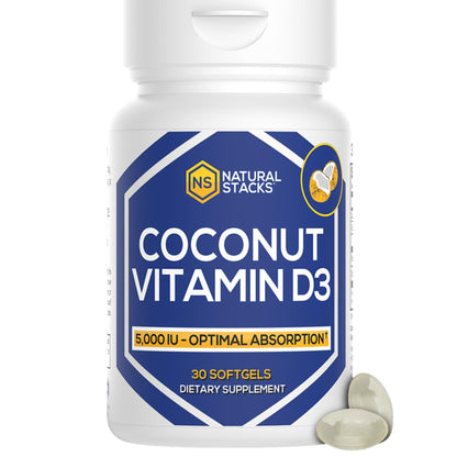 NATURAL STACKS Vitamin D 5000 IU D3 Softgels with Coconut Oil – 30 Servings
