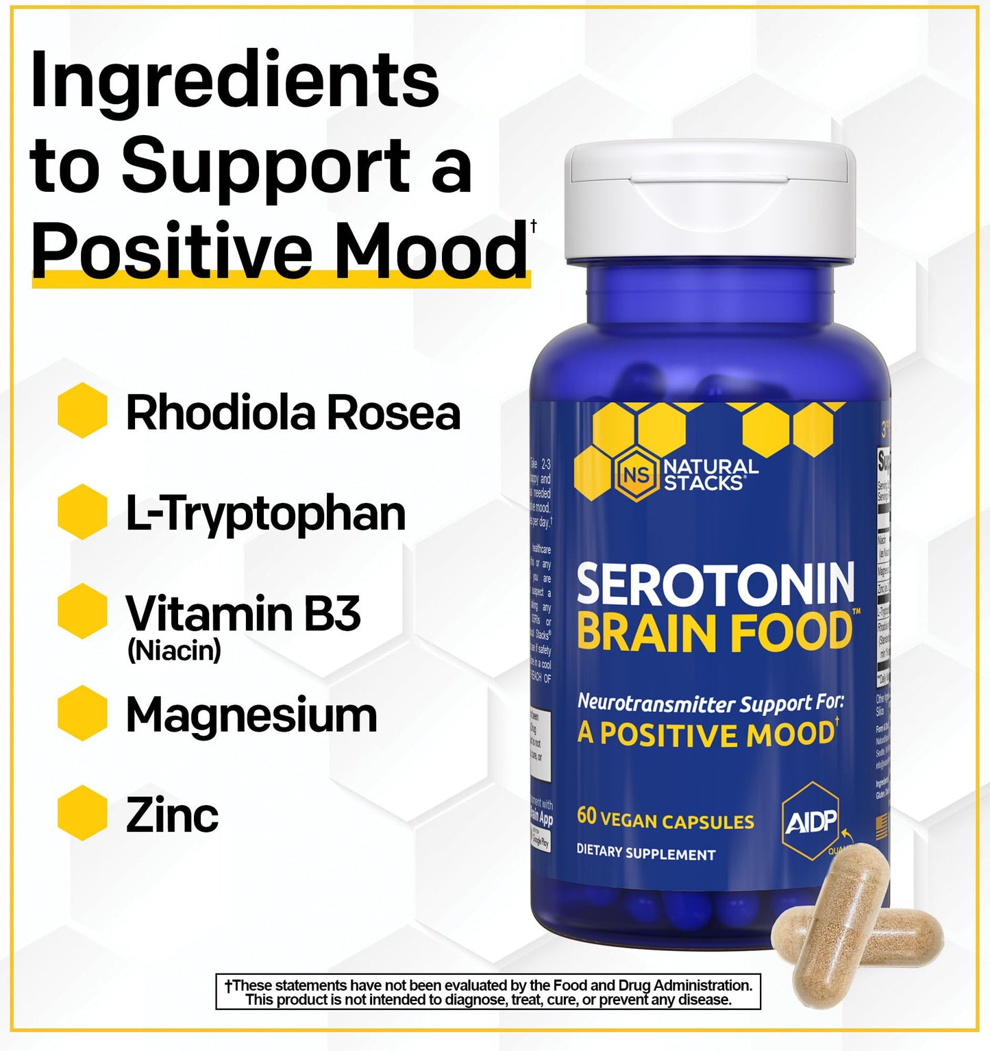 Natural Stacks Serotonin Brain Food – 1250mg L-Tryptophan & 400mg Rhodiola Rosea – Mood Support with Magnesium Glycinate & Zinc – 60 Capsules