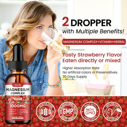 Triple Magnesium Complex Liquid Drops 1000mg - Stress Relief, Calm & Mood Support (2 Pack)