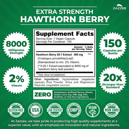 Zazzee Hawthorn Berry Extract 8000 mg (20:1) 150 Vegan Capsules