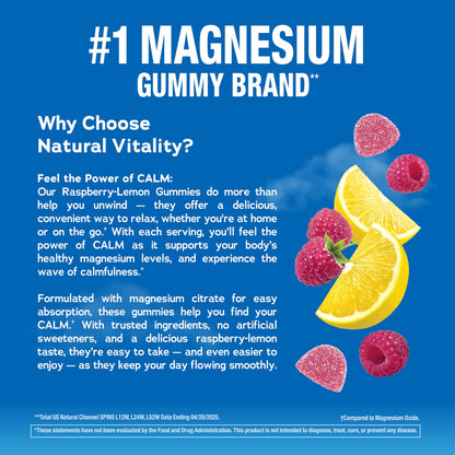 Natural Vitality CALM Gummies - Magnesium Citrate for Stress Relief, Raspberry Lemon, 120 Gummies | Vegan & Gluten-Free