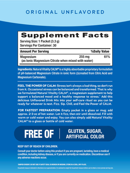 Natural Vitality Calm Magnesium Powder – Unflavored, 30 Packets (Package May Vary)