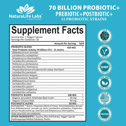 NaturaLife Probiotics 70B CFU – 15 Strains | 3-in-1 Formula – 30 Vegan Capsules