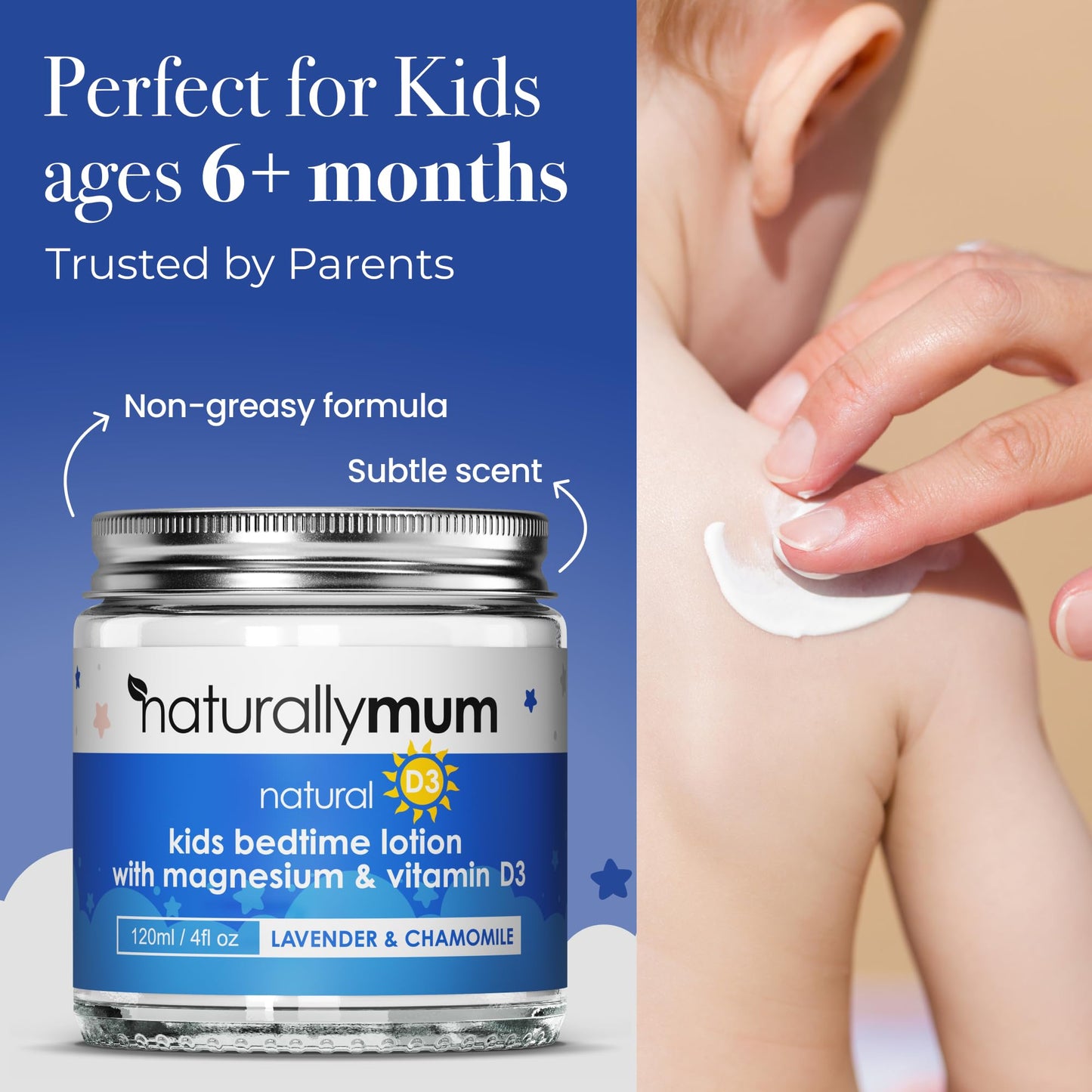 NaturallyMum Kids Magnesium Bedtime Lotion with Vitamin D - Sleep Support (Lavender & Chamomile) 4.2 oz