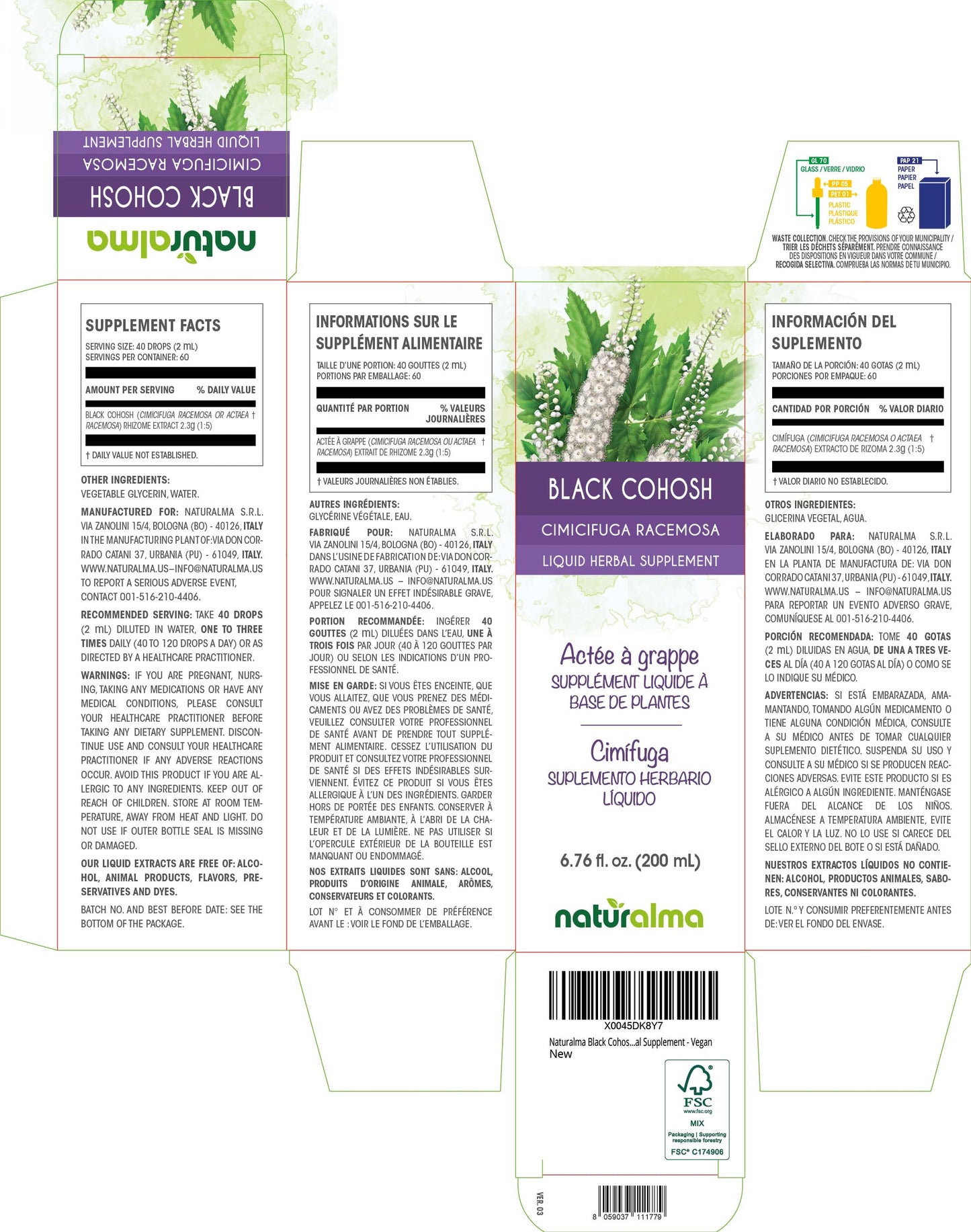 Naturalma Black Cohosh Rhizome Tincture 1:5 Alcohol-Free – 6.76 fl oz – Vegan
