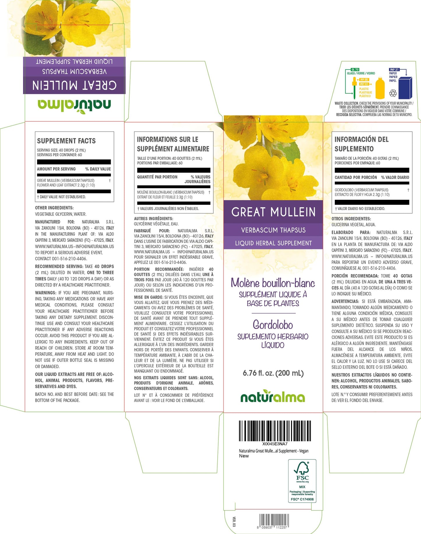 Naturalma Great Mullein Tincture 1:10 Alcohol-Free - 6.76 fl oz - Vegan