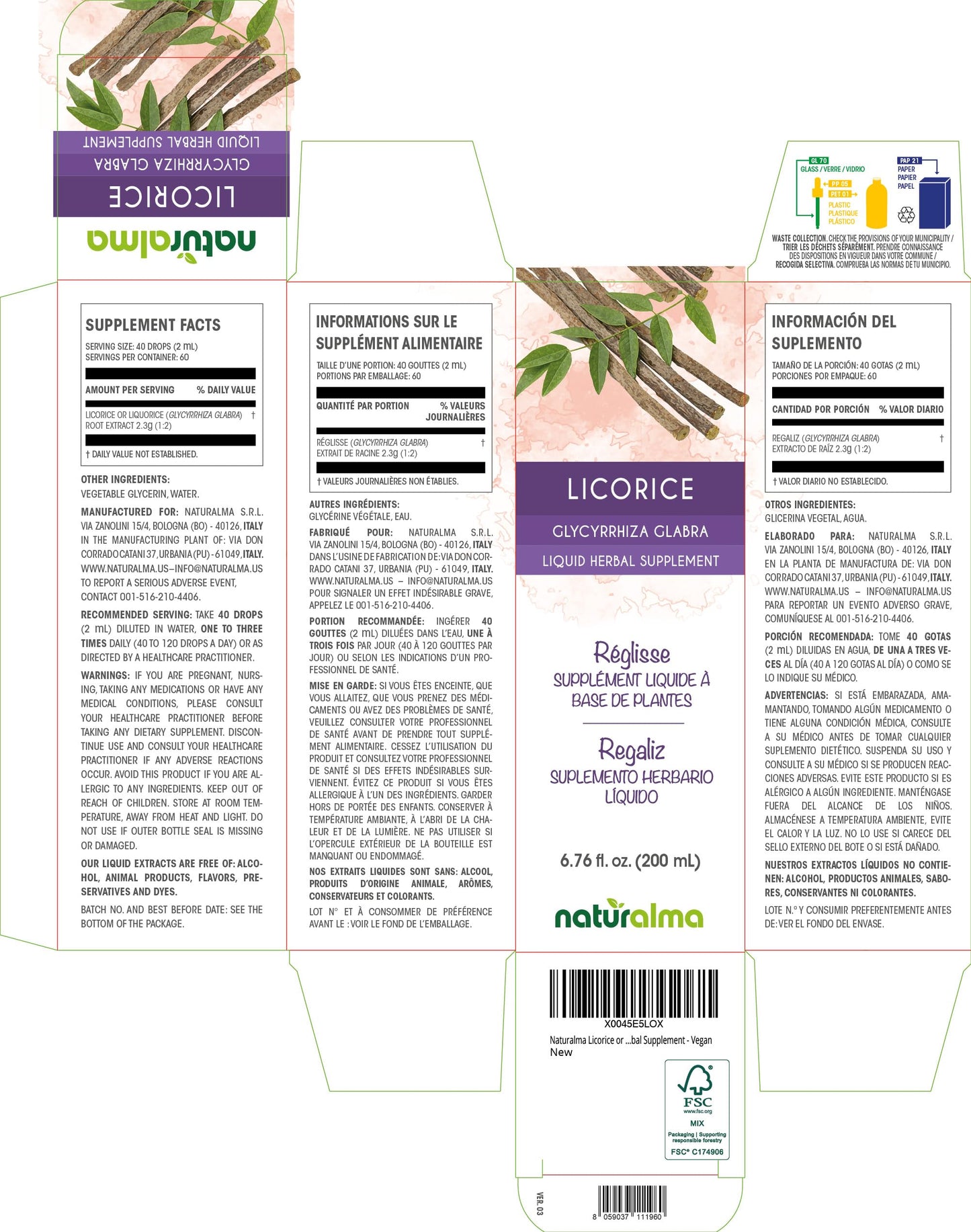 Naturalma Licorice Root Tincture (Glycyrrhiza glabra) – Alcohol-Free Drops, 6.76 fl oz – Vegan