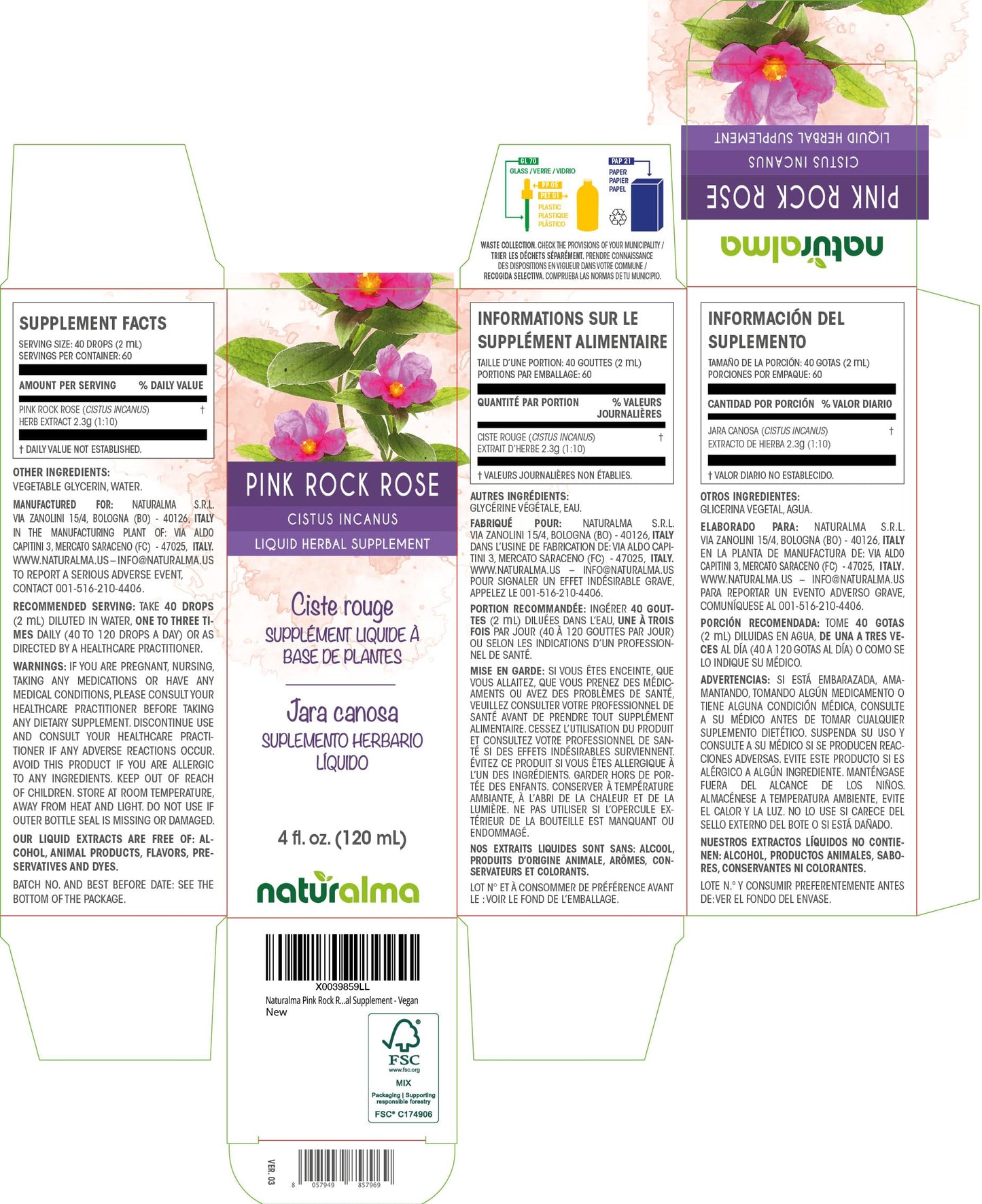 Naturalma Pink Rock Rose Tincture (Cistus incanus) – Alcohol-Free, 4 fl oz, Vegan