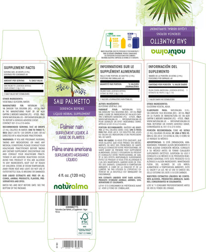 Naturalma Saw Palmetto (Serenoa repens or Sabal serrulata) Fruit Alcohol-Free Tincture - 4 fl oz Liquid Extract in Drops - Herbal Supplement - Vegan