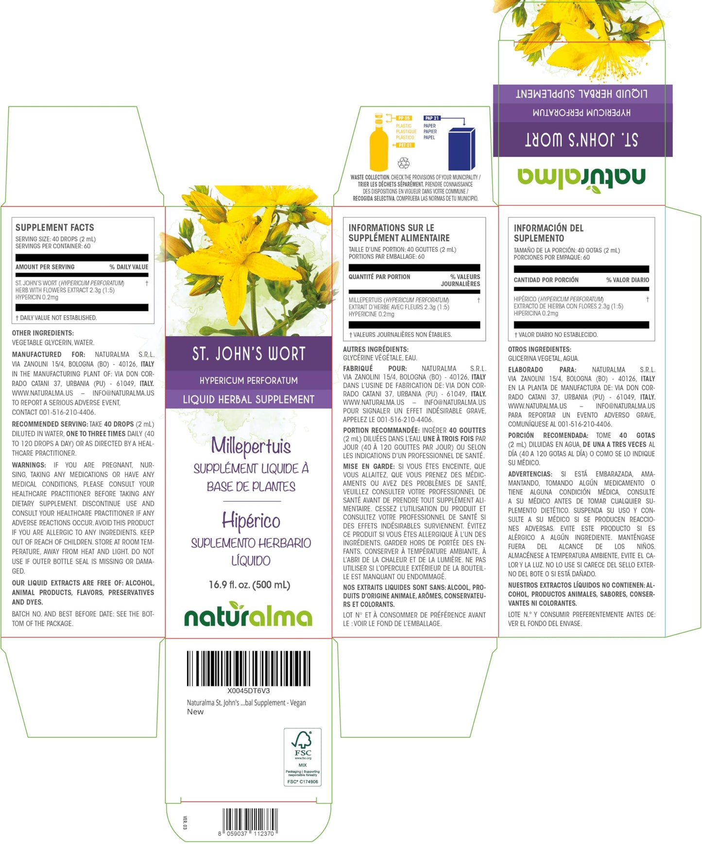 Naturalma St. John’s Wort Liquid Tincture 500 ml (16.9 oz) - Alcohol-Free, Vegan