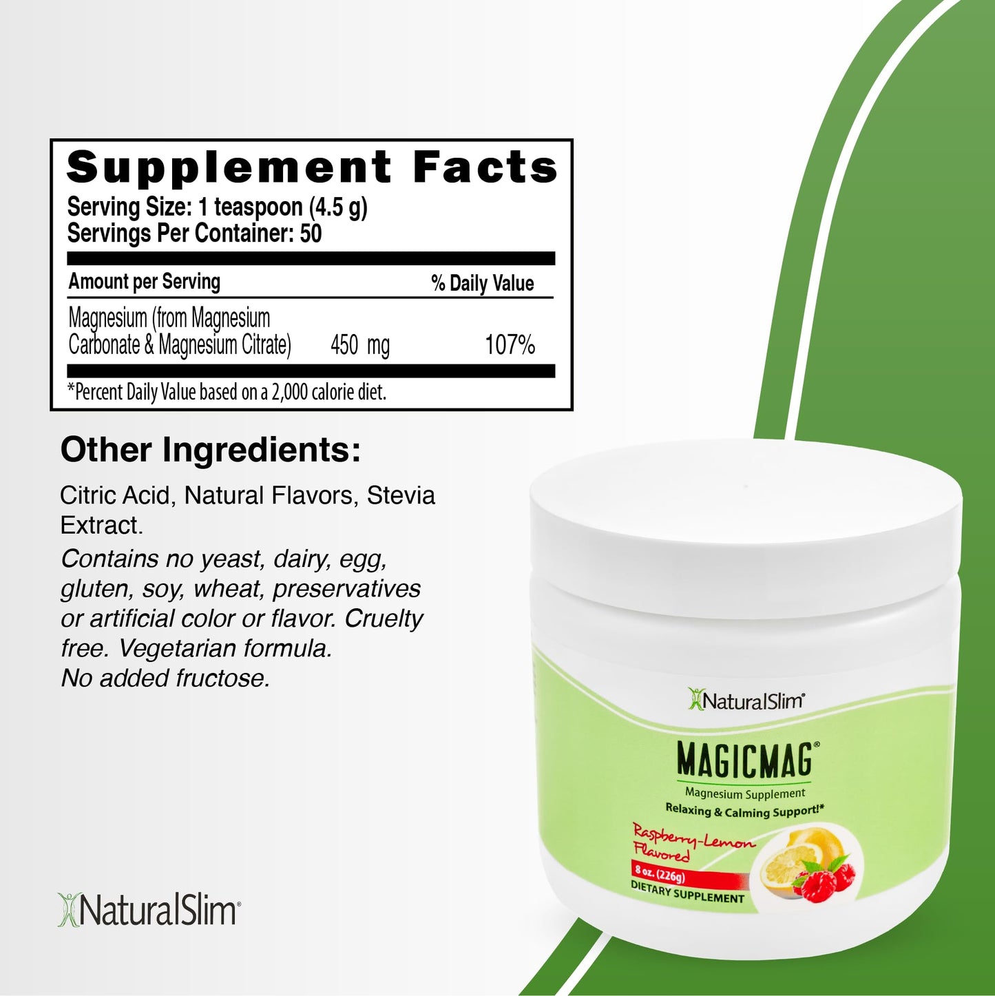 NaturalSlim MagicMag Pure Magnesium Citrate Powder – Raspberry Lemon Drink Mix (8oz, 3 Pack)