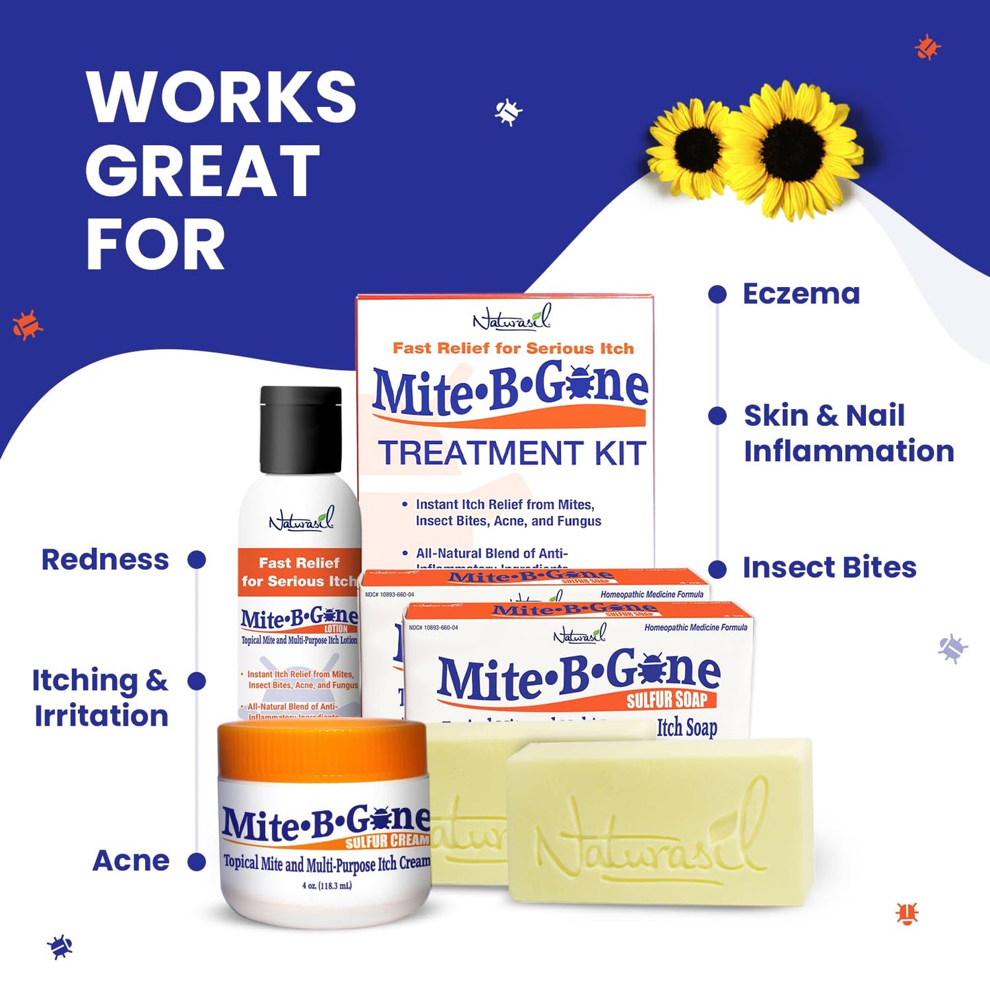 Naturasil Mite-B-Gone — Natural 10% Sulfur Lotion + Soaps for Itch Relief (All Ages)