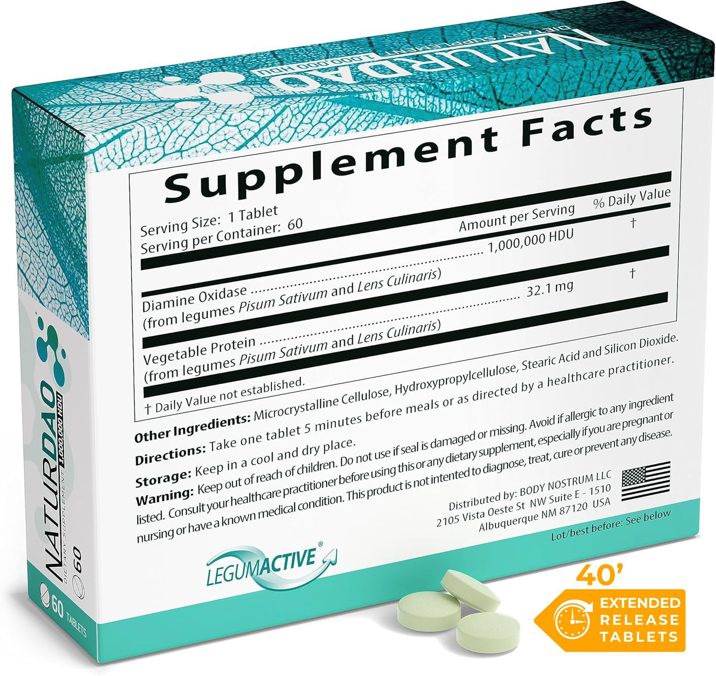 NATURDAO DAO Enzyme 1,000,000 HDU Tablet – Histamine Block & Diamine Oxidase (DAO) – 60 Extended Release Tablets