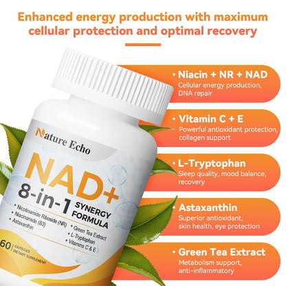 Nature Echo Nicotinamide Riboside 8-in-1 Formula – Niacinamide B3, Astaxanthin, Green Tea (60 Capsules)