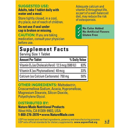Nature Made Calcium 750 mg with D3 & K - 300 Tablets | Bone Health