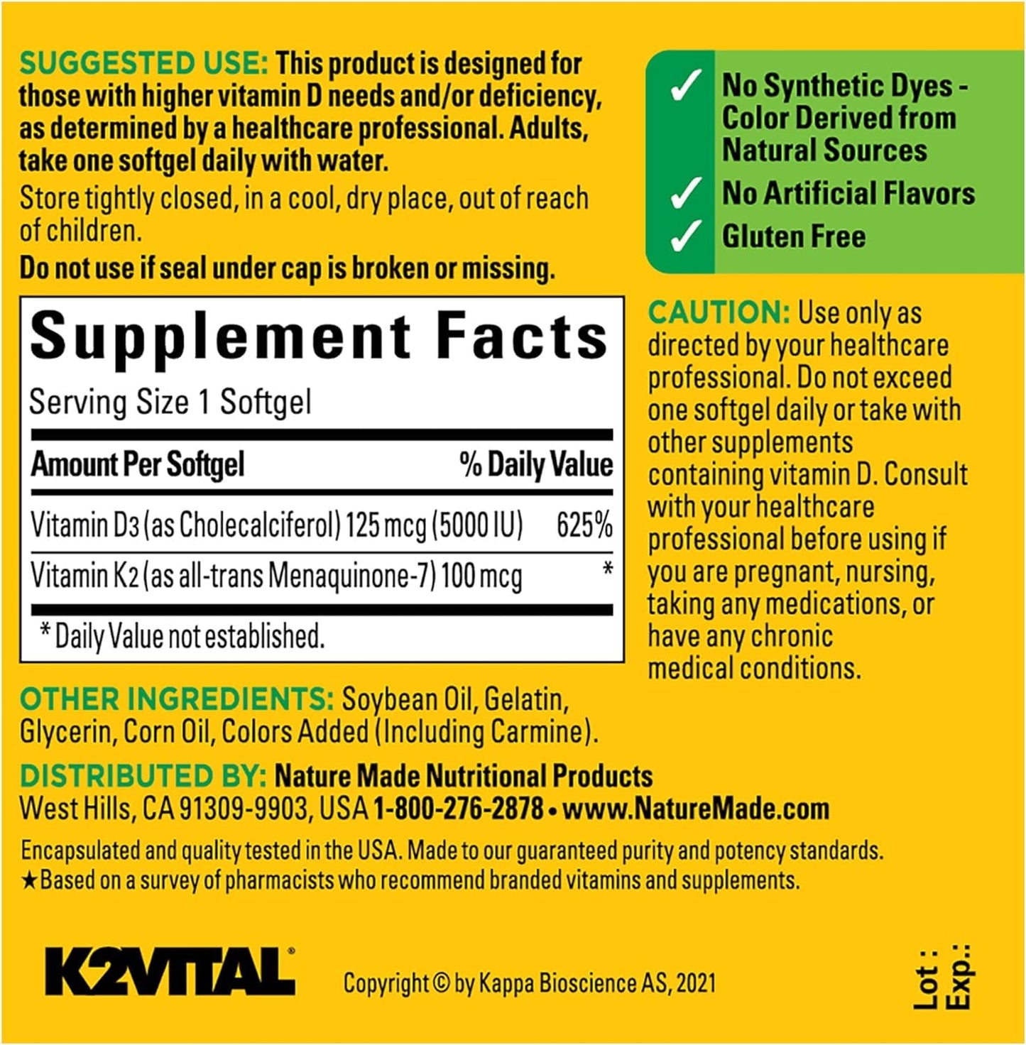 Nature Made Vitamin D3 + K2 5000 IU (125 mcg) – Pack of 2
