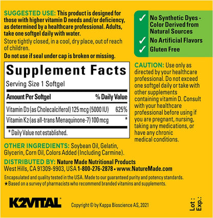 Nature Made Vitamin D3 + K2 5000 IU (125 mcg) – Pack of 2