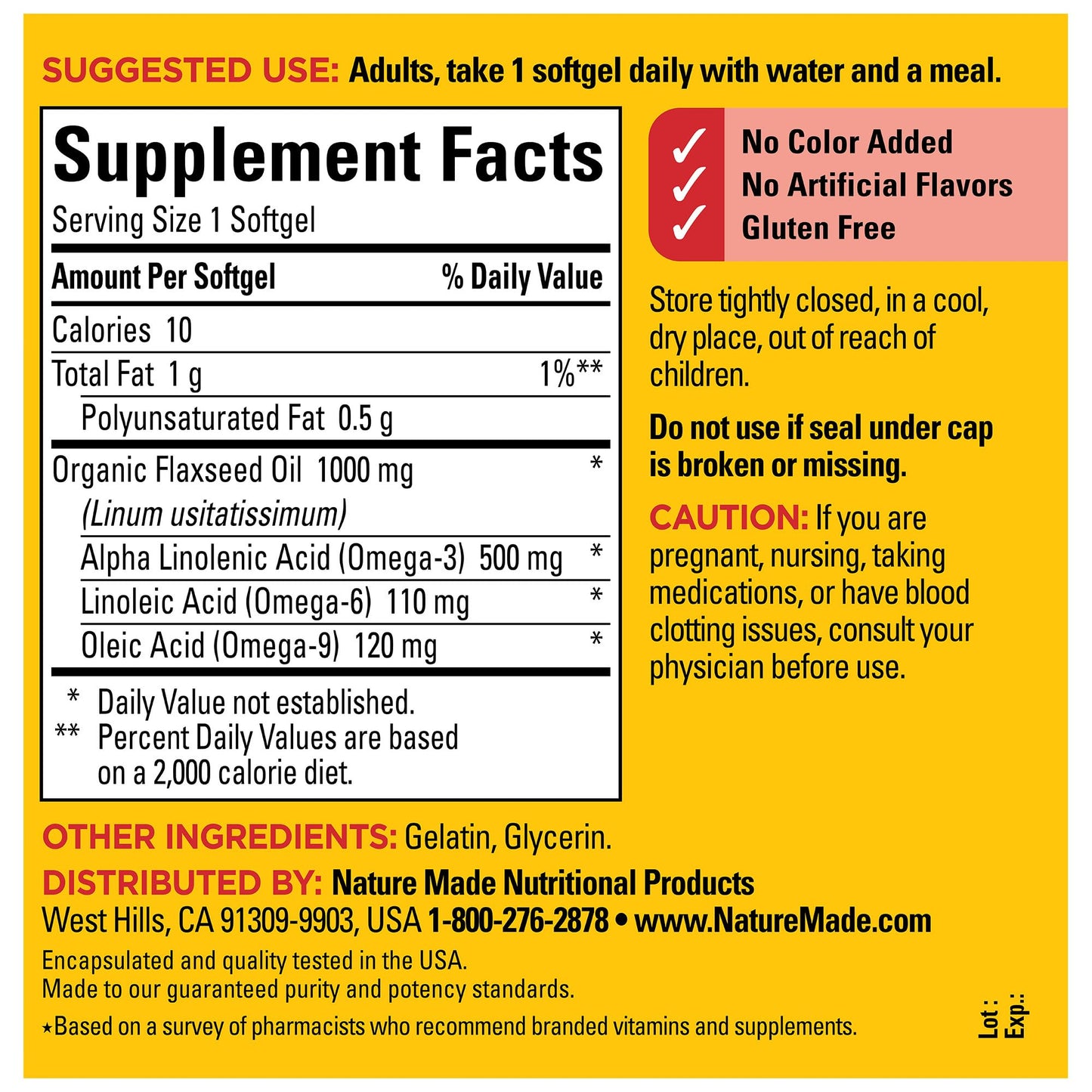 Nature Made Flaxseed Oil 1000 mg – Fish-Free Omega-3 for Heart Health (180 Softgels)