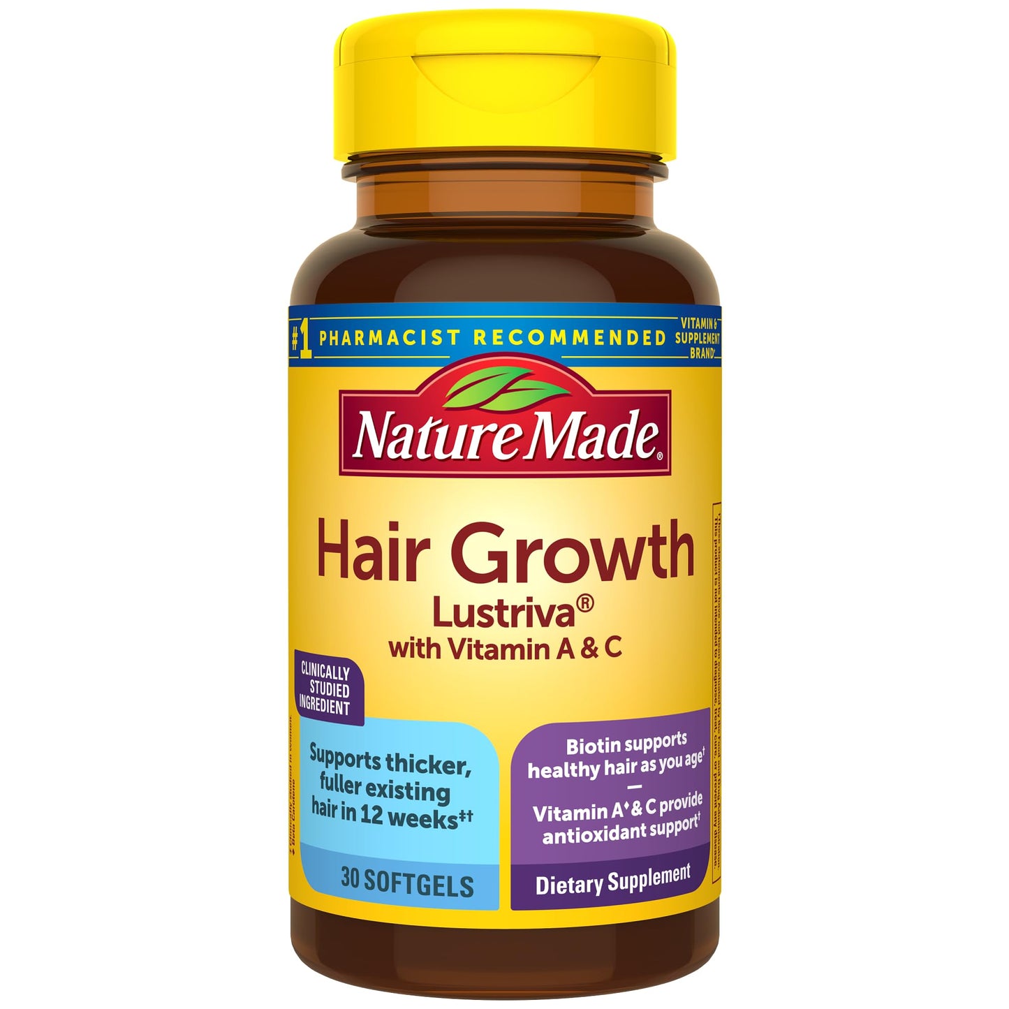 Nature Made Hair Growth Softgels with Lustriva – Biotin 10000mcg, A & C, 30 Softgels