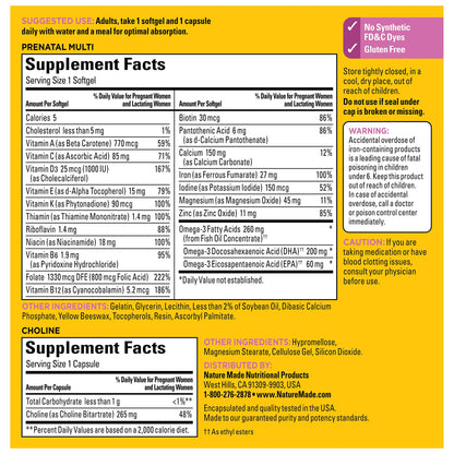 Nature Made Prenatal Vitamin Softgels + Choline Capsules – 60 Day Supply, Folic Acid + DHA