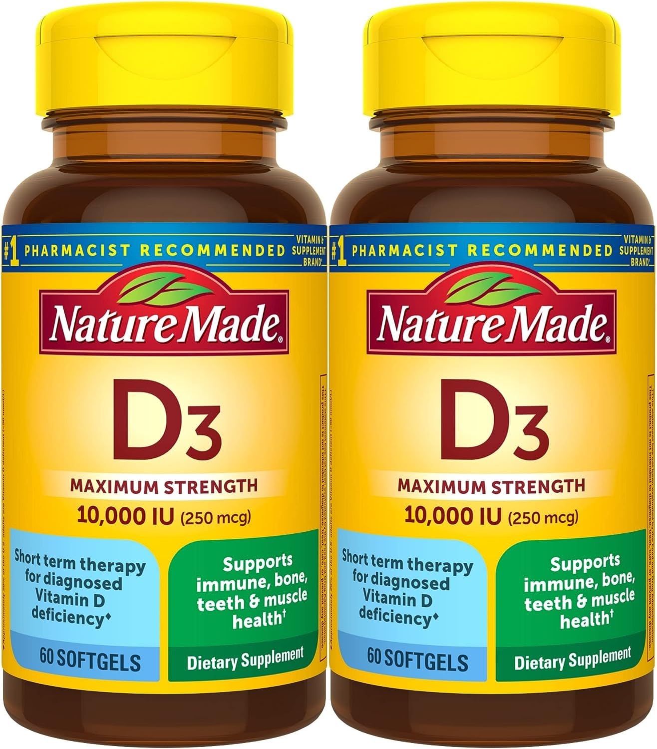 Nature Made Vitamin D3 10000 IU Softgels – Pack of 2 (60 Softgels each) | Bone, Teeth, Muscle & Immune Health