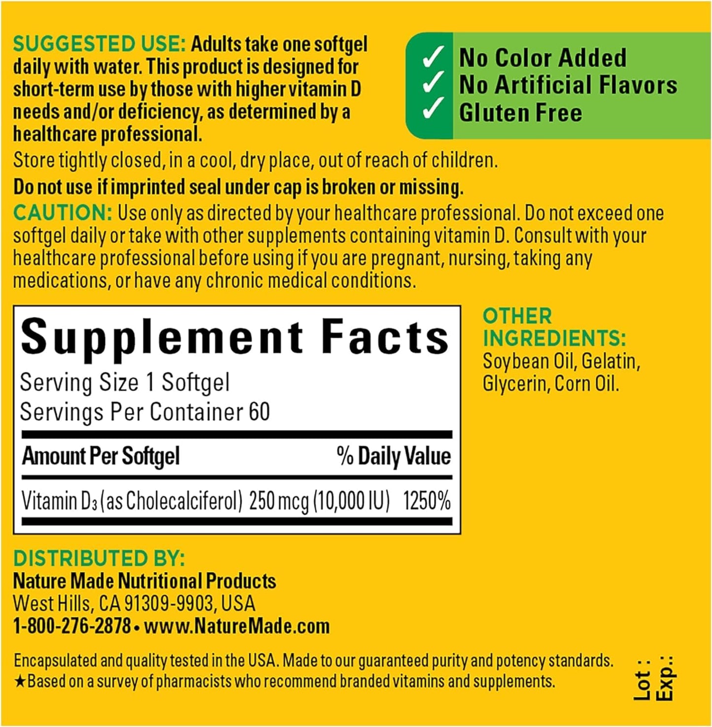 Nature Made Vitamin D3 10000 IU Softgels – Pack of 2 (60 Softgels each) | Bone, Teeth, Muscle & Immune Health