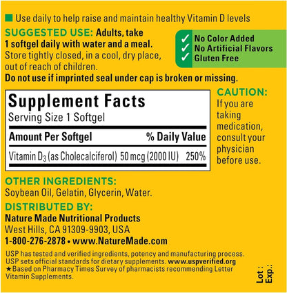 Nature Made Vitamin D3 2000 IU Liquid Softgels – 3-Pack (90 ea per bottle)