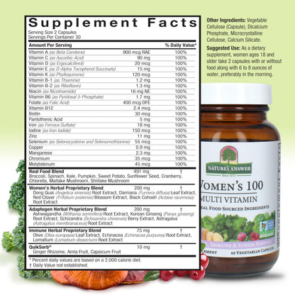 Nature's Answer Womens 100 Multivitamin | 60 Vegetarian Capsules | Supports Overall Wellness | Promotes Immune Function | Non-GMO | Vegan | Kosher | Made in The USA