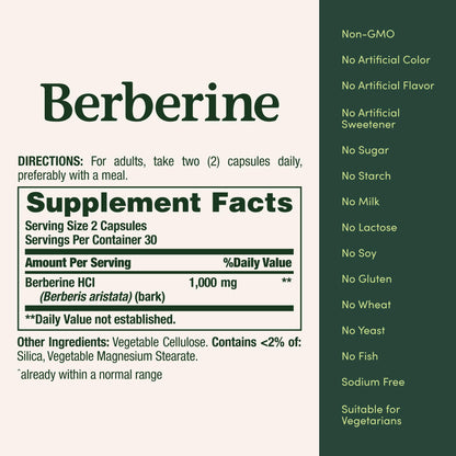 Nature's Bounty Berberine 1000mg – Heart Health Support, Non-GMO, 60 Count