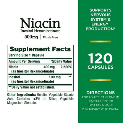 Nature's Bounty Flush Free Niacin 500 mg – 240 Capsules (2 x 120 Count Bottles)