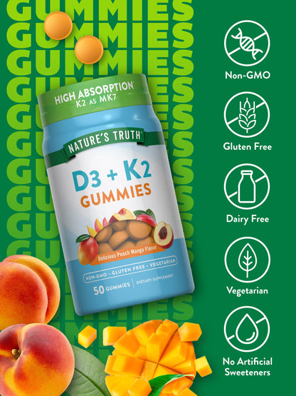 Nature's Truth Vitamin D3 + K2 Gummies – 50-Count (Pack of 2) | Peach Mango | Vegetarian, Non-GMO & Gluten Free