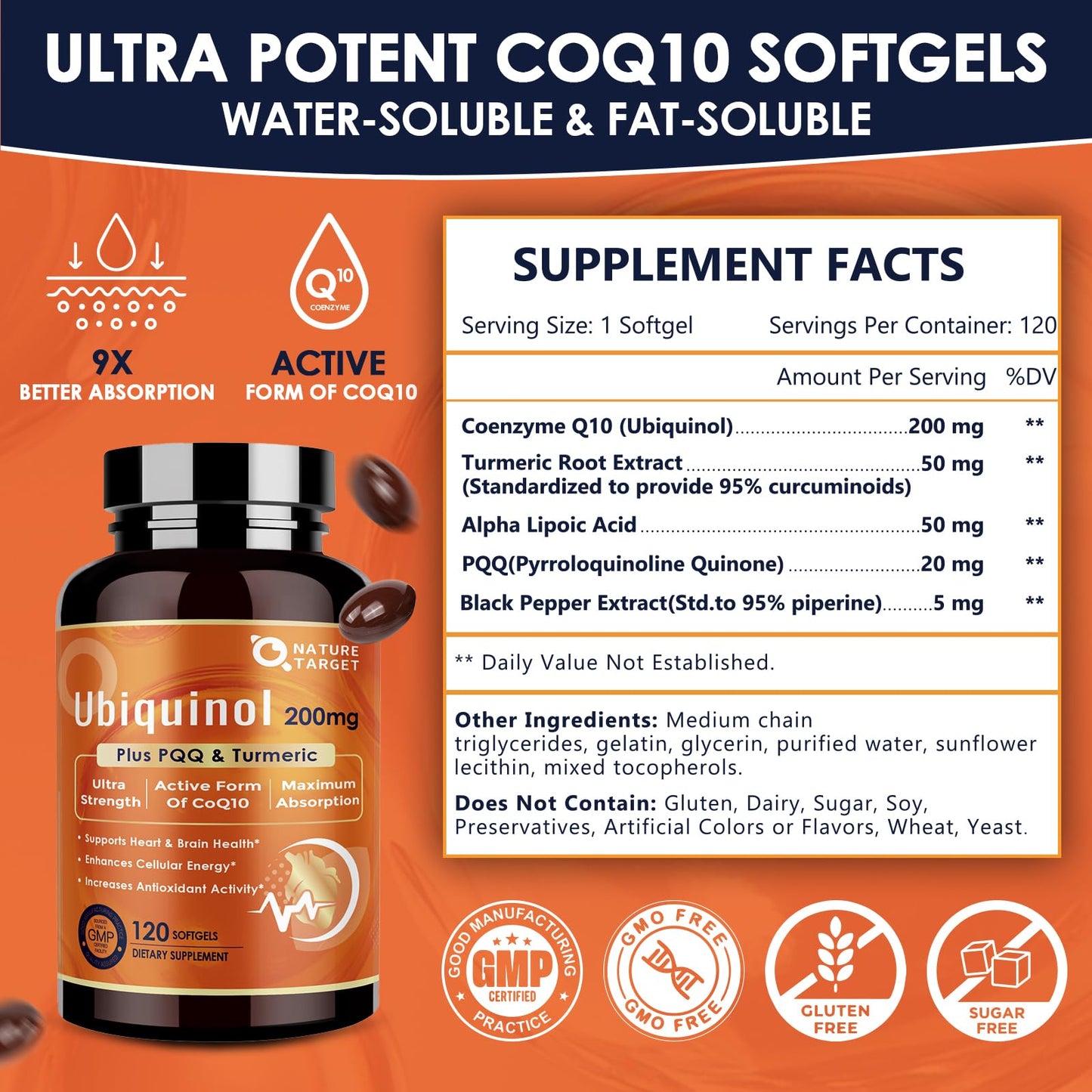 NATURE TARGET Ubiquinol CoQ10 200mg Softgels with PQQ & Turmeric | High Absorption CoQ10