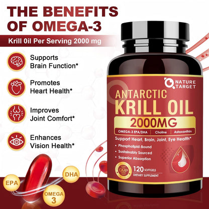 NATURE TARGET Krill Oil 2000 mg with Omega-3 EPA & DHA, Choline & Astaxanthin – 120 Softgels (60 Servings) | Heart, Brain, Joint, Eye Health | Non-GMO, Gluten Free