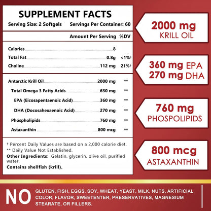 NATURE TARGET Krill Oil 2000 mg with Omega-3 EPA & DHA, Choline & Astaxanthin – 120 Softgels (60 Servings) | Heart, Brain, Joint, Eye Health | Non-GMO, Gluten Free