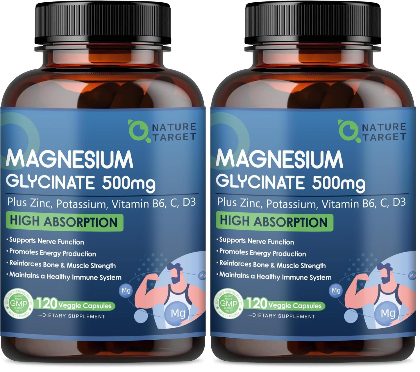 NATURE TARGET Magnesium Glycinate 500mg with Zinc & Vitamin D3 – Muscle, Nerve & Bone Support, Heart Health & Immune Support (Pack of 2, 240 Capsules)