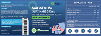 Nature Target Magnesium Glycinate 500mg – Chelated Magnesium with Zinc & Vitamin D3 | Supports Muscle, Nerve, Bone & Heart Health — 120 Capsules