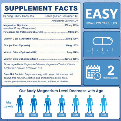 Nature Target Magnesium Glycinate 500mg – Chelated Magnesium with Zinc & Vitamin D3 | Supports Muscle, Nerve, Bone & Heart Health — 120 Capsules