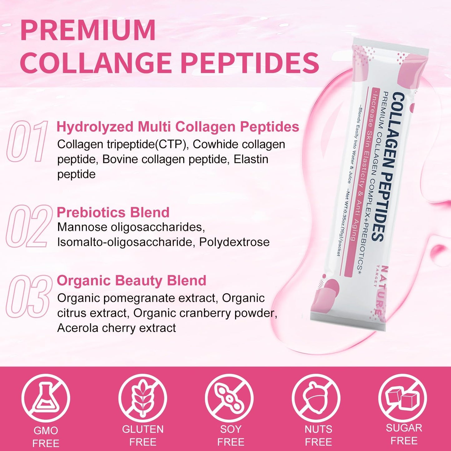 NATURE TARGET Multi Collagen Peptides Powder – Types I–X, Enhanced Absorption, Prebiotics, Sugar-Free, Non-GMO