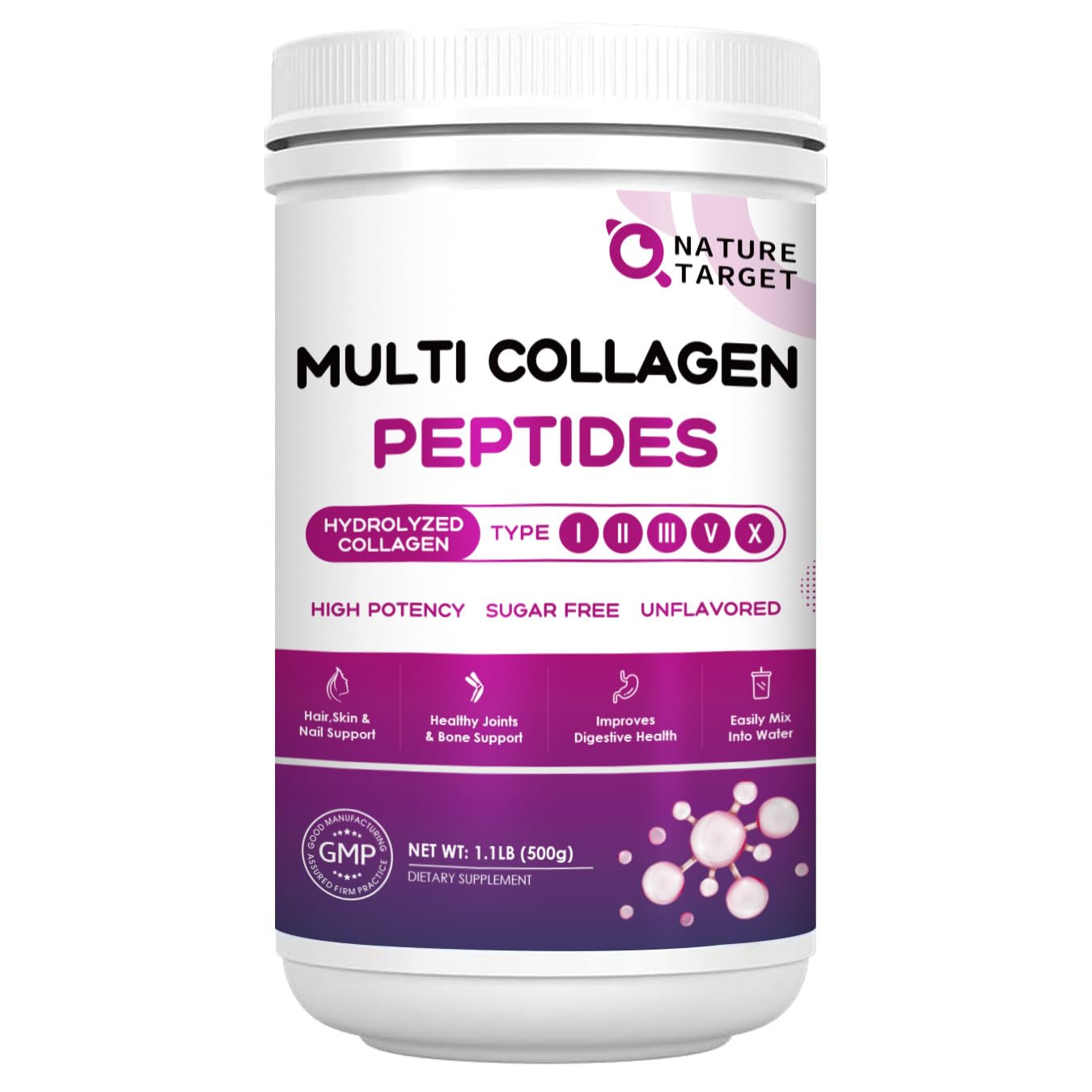 NATURE TARGET Multi Collagen Peptides Powder – Types I–X, Vitamin C + Hyaluronic Acid (Grass-Fed, Non-GMO, 50 Servings)