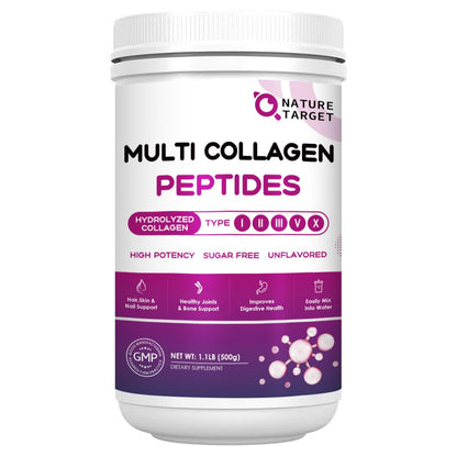 NATURE TARGET Multi Collagen Peptides Powder – Types I–X, Vitamin C + Hyaluronic Acid (Grass-Fed, Non-GMO, 50 Servings)