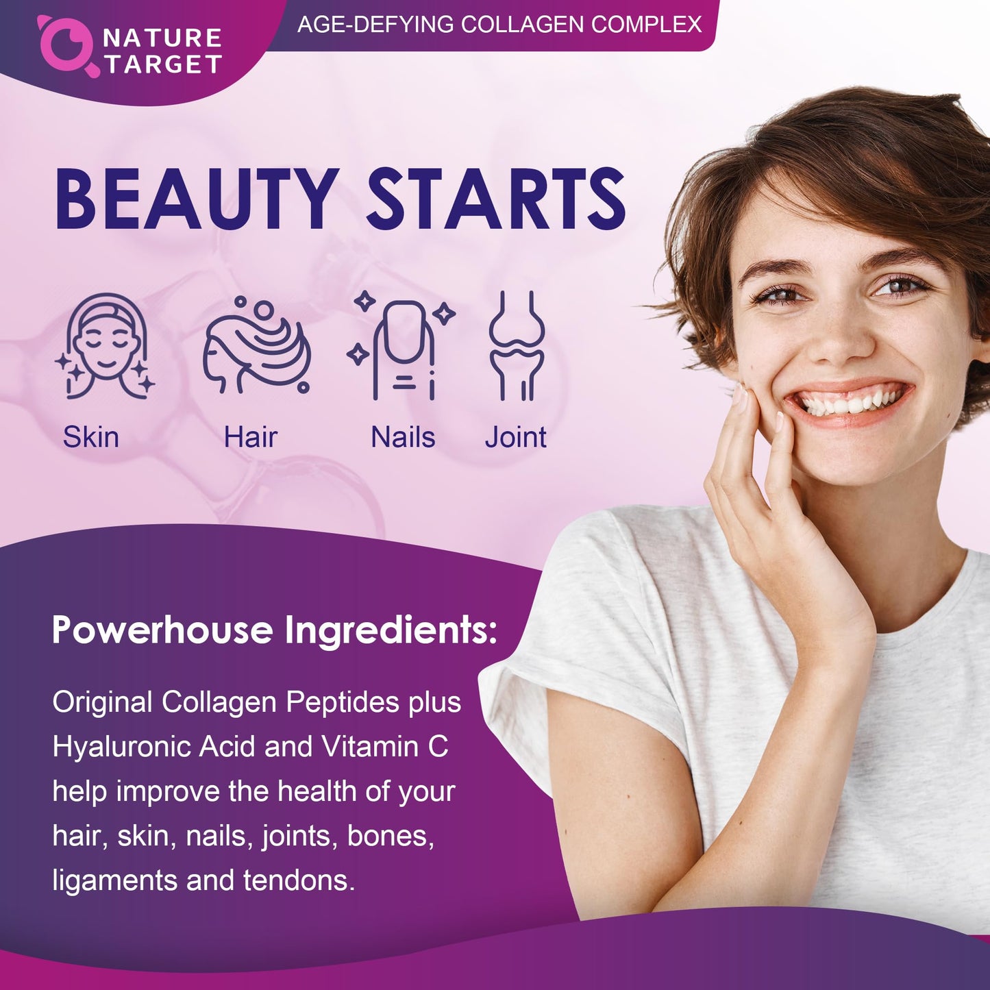 NATURE TARGET Multi Collagen Peptides Powder – Types I–X, Vitamin C + Hyaluronic Acid (Grass-Fed, Non-GMO, 50 Servings)